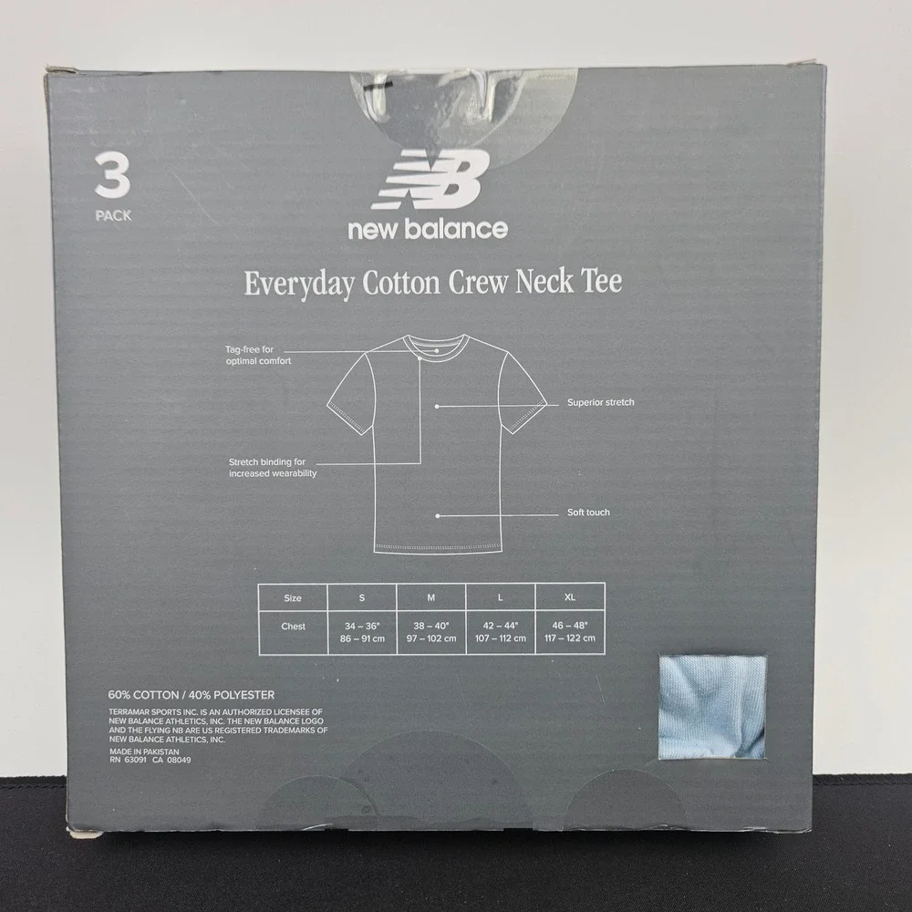 New Balance Mens Size Med Everyday Cotton Crew Neck Tee 3 Pack Grey White Chrome